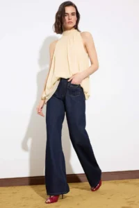 TRENDYOLMİLLA Limited Edition Dark Blue Draped Pocket Detail High Waist 100% Cotton Wide Leg jeans - Image 2