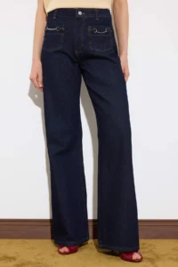 TRENDYOLMİLLA Limited Edition Dark Blue Draped Pocket Detail High Waist 100% Cotton Wide Leg jeans - Image 3