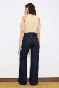 TRENDYOLMİLLA Limited Edition Dark Blue Draped Pocket Detail High Waist 100% Cotton Wide Leg jeans - Image 4