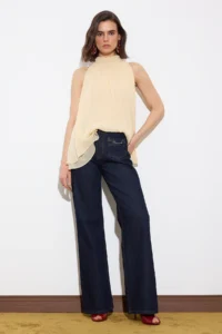TRENDYOLMİLLA Limited Edition Dark Blue Draped Pocket Detail High Waist 100% Cotton Wide Leg jeans - Image 7