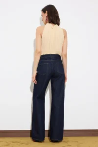 TRENDYOLMİLLA Limited Edition Dark Blue Draped Pocket Detail High Waist 100% Cotton Wide Leg jeans - Image 9