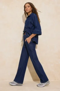 TRENDYOLMİLLA Dark Blue Draped Elastic Waist High Waist Wide Leg jeans - Image 2
