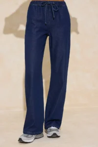 TRENDYOLMİLLA Dark Blue Draped Elastic Waist High Waist Wide Leg jeans - Image 3