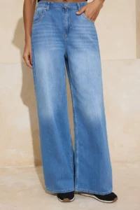 TRENDYOLMİLLA Mavi Flowy Elastic Waist 100% Cotton High Waist Extra Wide Leg Wide Leg jeans