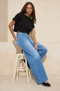 TRENDYOLMİLLA Mavi Flowy Elastic Waist 100% Cotton High Waist Extra Wide Leg Wide Leg jeans - Image 3