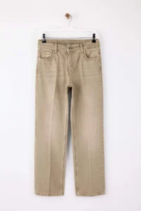 TRENDYOLMİLLA Limited Edition Beige Traced Regular Waist Plain Cut Jeans Pants - Image 4
