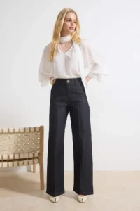 TRENDYOLMİLLA Dark Blue Stitching Detailed High Waist Extra Flexible Wide Leg jeans