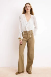 TRENDYOLMİLLA Camel Pearl Detailed Washing Effect High Waist 100% Cotton Wide Leg jeans - Image 2