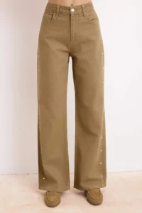TRENDYOLMİLLA Camel Pearl Detailed Washing Effect High Waist 100% Cotton Wide Leg jeans - Image 3