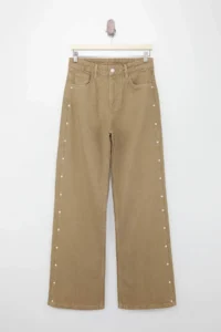 TRENDYOLMİLLA Camel Pearl Detailed Washing Effect High Waist 100% Cotton Wide Leg jeans - Image 5