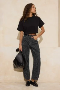 TRENDYOLMİLLA Black textured Material High Waist 100% Cotton barrel jeans - Image 2