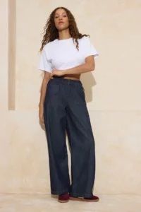 TRENDYOLMİLLA Dark Blue Draped Waist Detailed High Waist 100% Cotton Wide Leg jeans