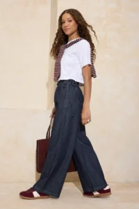 TRENDYOLMİLLA Dark Blue Draped Waist Detailed High Waist 100% Cotton Wide Leg jeans - Image 2