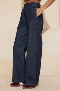 TRENDYOLMİLLA Dark Blue Draped Waist Detailed High Waist 100% Cotton Wide Leg jeans - Image 3