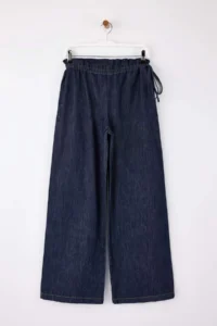 TRENDYOLMİLLA Dark Blue Draped Waist Detailed High Waist 100% Cotton Wide Leg jeans - Image 5