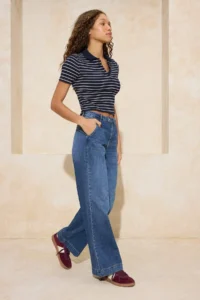 TRENDYOLMİLLA Dark Blue Draped Waist Detailed High Waist 100% Cotton Wide Leg jeans - Image 2
