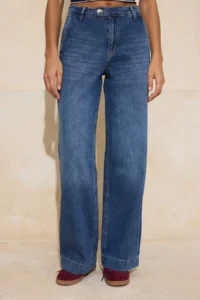 TRENDYOLMİLLA Dark Blue Draped Waist Detailed High Waist 100% Cotton Wide Leg jeans - Image 3