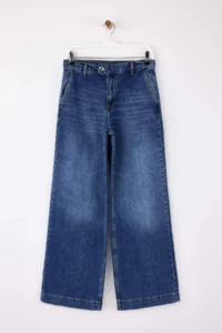 TRENDYOLMİLLA Dark Blue Draped Waist Detailed High Waist 100% Cotton Wide Leg jeans - Image 5