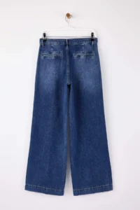 TRENDYOLMİLLA Dark Blue Draped Waist Detailed High Waist 100% Cotton Wide Leg jeans - Image 6