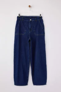 TRENDYOLMİLLA Dark Blue Flowy Elastic Waist High Waist 100% Cotton Baggy jeans