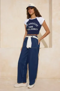 TRENDYOLMİLLA Dark Blue Flowy Elastic Waist High Waist 100% Cotton Baggy jeans - Image 3