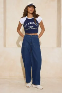TRENDYOLMİLLA Dark Blue Flowy Elastic Waist High Waist 100% Cotton Baggy jeans - Image 4