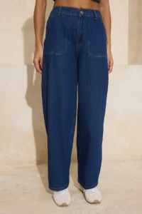 TRENDYOLMİLLA Dark Blue Flowy Elastic Waist High Waist 100% Cotton Baggy jeans - Image 5