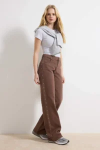 TRENDYOLMİLLA Brown FLORAL Trok Detailed High Waist 100% Cotton Wide Leg jeans