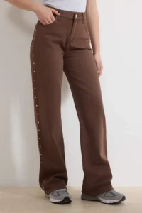 TRENDYOLMİLLA Brown FLORAL Trok Detailed High Waist 100% Cotton Wide Leg jeans - Image 3