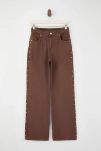 TRENDYOLMİLLA Brown FLORAL Trok Detailed High Waist 100% Cotton Wide Leg jeans - Image 5