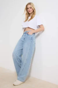 TRENDYOLMİLLA Light Blue Draped Trok Detailed High Waist 100% Cotton Baggy jeans