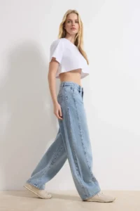 TRENDYOLMİLLA Light Blue Draped Trok Detailed High Waist 100% Cotton Baggy jeans - Image 2