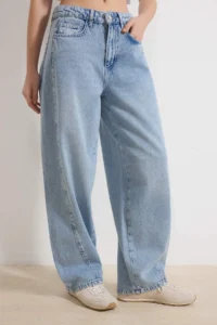 TRENDYOLMİLLA Light Blue Draped Trok Detailed High Waist 100% Cotton Baggy jeans - Image 3
