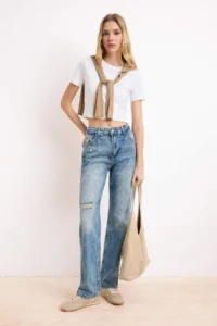 TRENDYOLMİLLA Mavi High Waist Ripped Straight jeans