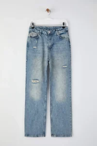 TRENDYOLMİLLA Mavi High Waist Ripped Straight jeans - Image 5