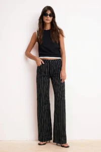 TRENDYOLMİLLA Black Lurex Striped High Waist 100% Cotton Wide Leg jeans