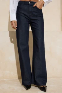 TRENDYOLMİLLA Dark Blue 100% Cotton Stone LONG Size High Waist Raw Wide Leg jeans - Image 4