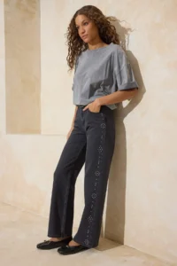 TRENDYOLMİLLA Black Draped Stone Detailed High Waist 100% Cotton Wide Leg jeans
