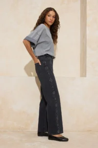 TRENDYOLMİLLA Black Draped Stone Detailed High Waist 100% Cotton Wide Leg jeans - Image 2