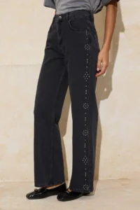 TRENDYOLMİLLA Black Draped Stone Detailed High Waist 100% Cotton Wide Leg jeans - Image 3