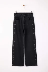 TRENDYOLMİLLA Black Draped Stone Detailed High Waist 100% Cotton Wide Leg jeans - Image 5