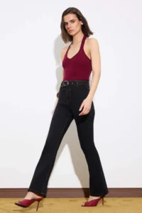 TRENDYOLMİLLA Limited Edition Black Belt Detailed High Waist Middle Flexible Flare LONG Size jeans