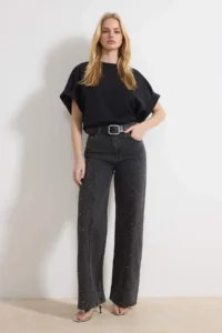 TRENDYOLMİLLA Black Draped Stone Stitching Detailed High Waist 100% Cotton Wide Leg jeans - Image 2