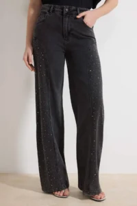 TRENDYOLMİLLA Black Draped Stone Stitching Detailed High Waist 100% Cotton Wide Leg jeans - Image 3