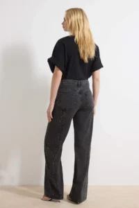 TRENDYOLMİLLA Black Draped Stone Stitching Detailed High Waist 100% Cotton Wide Leg jeans - Image 4