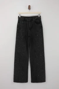 TRENDYOLMİLLA Black Draped Stone Stitching Detailed High Waist 100% Cotton Wide Leg jeans - Image 5
