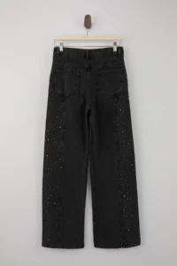 TRENDYOLMİLLA Black Draped Stone Stitching Detailed High Waist 100% Cotton Wide Leg jeans - Image 7