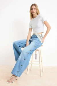 TRENDYOLMİLLA Mavi Draped Button Detailed 100% Cotton High Waist Wide Leg jeans - Image 2