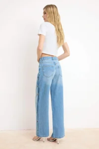 TRENDYOLMİLLA Mavi Draped Button Detailed 100% Cotton High Waist Wide Leg jeans - Image 4