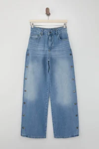 TRENDYOLMİLLA Mavi Draped Button Detailed 100% Cotton High Waist Wide Leg jeans - Image 5